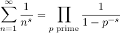 sum of 1/(n^s) = product over all primes of 1/(1-p^s)