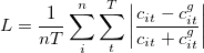 L = \frac{1}{nT}\sum_i^n \sum_t^T\left|\frac{c_{it} - c_{it}^g}{c_{it} + c_{it}^g}\right|